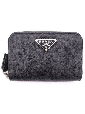 Prada Saffiano Coin Case Mini Wallet Black Leather 2 003 Silver